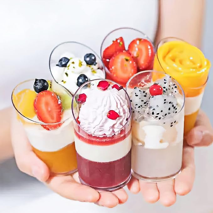 200 Pcs 2.2 oz Mini Dessert Cups with Spoons, Serves 100 | Small Plastic Dessert Shooter Cups, Parfait Shot Glasses, Slanted Tiny Cups for Cheesecake, Mousse, Pudding, Jello, Triffle