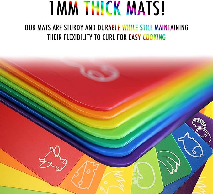 Cutting Board Mats Flexible Plastic Colored Mats with Food Icons, Fotouzy BPA-Free, Non-Porous, Anti-skid back and Dishwasher Safe, Set of 7 Rainbow - 7 Pieces