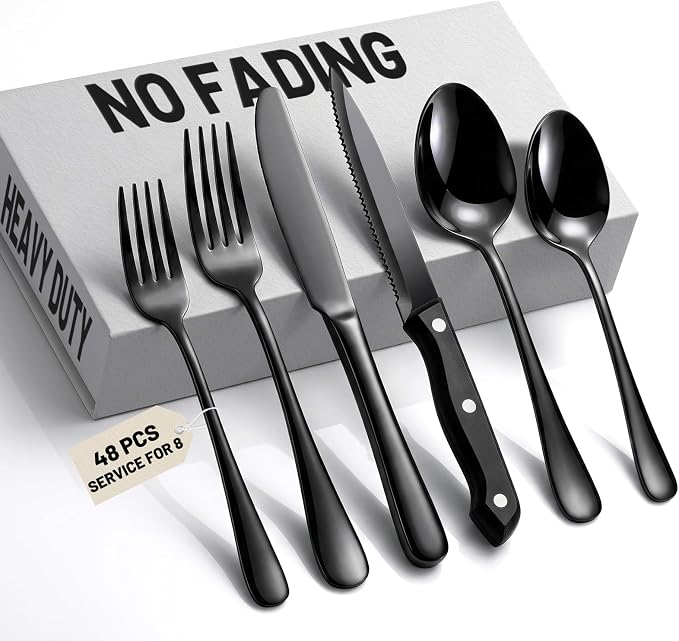 48 PCS NO-FADING Black Silverware Set with Steak Knives, Flatware for 8 | Titanium Black Finish, Rust Resistant, Food-Grade Stainless Steel Cutlery Utensils Set, Mirror Polished & Dishwasher Safe