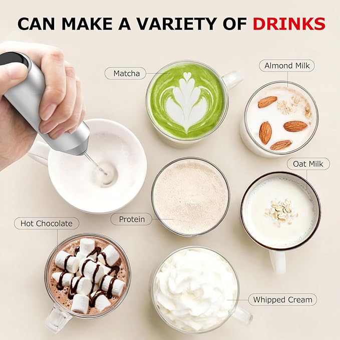 Bonsenkitchen Milk Frother with Stand for Coffee, Battery Operated Frother | Fast Handheld Drink Mixer with Stainless Steel Whisk, Powerful Hand Frother, Creates Rich Foam, Silver