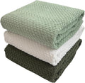 Sage White Dark Green Kitchen Dish Towels, Set of 3, 100% Cotton, 18" x 28" | Terry Loop Textured, Soft & Absorbent Cleaning Cloth, Quick Dry, Multipurpose for Everyday Use