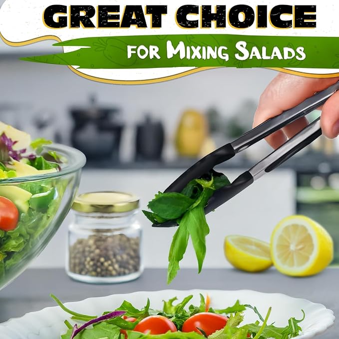 Kitchen Tongs Set of 3, 7/9/12 in, Stainless Steel (Black) | Cooking Tongs with Silicone Tips, Easy-Lock, Heat Resistant, Won't Scratch Pans, Dishwasher Safe, for Grilling, Salad & Pasta