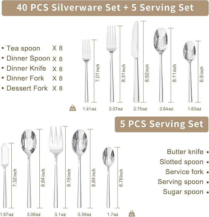 Silverware Set with Serving Utensils, 45-Piece Forged Flatware Set Cutlery Set Premium Stainless Steel, Service for 8, for Kitchen, Home, Wedding, Party, Mirror Polished and Dishwasher Safe