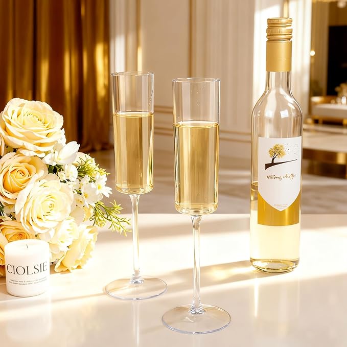 Ciaell 24 Pack Plastic Champagne Flutes for Weddings Birthdays | 6 oz Clear Square Toasting Cups, Heavy Duty Plastic, Champagne Mimosas Wine Cocktails for Anniversaries Parties Bars