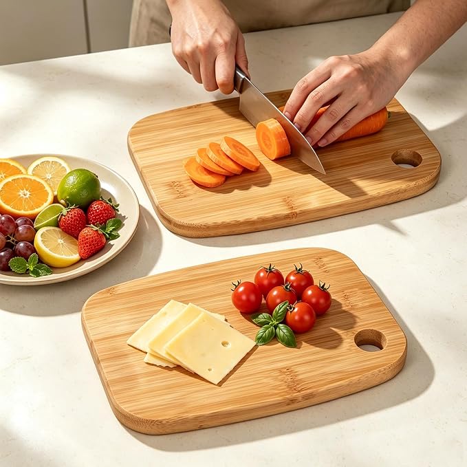 2 Pack Small Bamboo Cutting Boards Set for Kitchen with Hanging | Mini Bamboo Cutting Board Set of 2 for Vegetables, Fruit, Bread, Meat - BPA Free, 9" x 6.5"