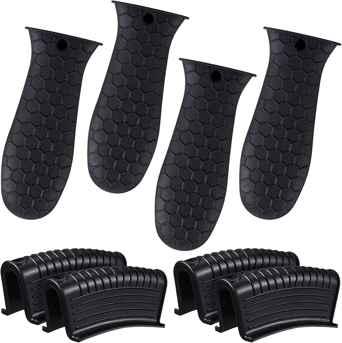 Patelai 8 Pcs Silicone Pot Holders Set Cast Iron Handle Cover Heat Resistant Pot Handle Covers Potholder Non Slip Reusable Pan Sleeve for Frying Pan Kitchen Supplies(Black)