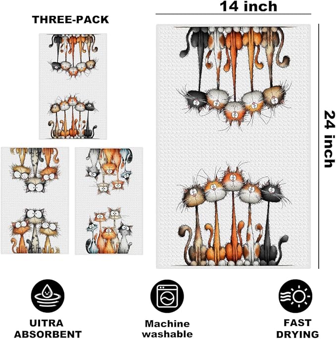 3 Pcs Cute Cat Kitchen Towels, Funny Cats Gifts Absorbent Hand Towels-03 | Cat Dish Cloths for Drying Dishes, Cats Waffle Dish Towels for Kitchen Home Bathroom Decor, Cat Lover Gifts for Women Mom