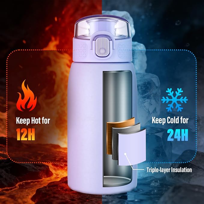 Insulated Water Bottle 12 oz with Dustproof Lid, Carry Handle & Tea Infuser, BPA-Free & Leakproof, Stainless Steel Water Bottles Ideal for Fitness, Hiking, Office & Outdoor Use （Light Purple ）