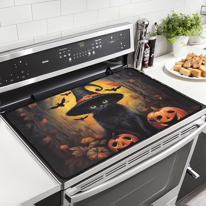 Black Cat Pumpkin Print Top Cover for Electric Stove, 30 x 21 Inch Stove Top Protector, Ceramic Glass Electric Stove Top Cover, Glass Stove Top Protector Halloween Kitchen Decor