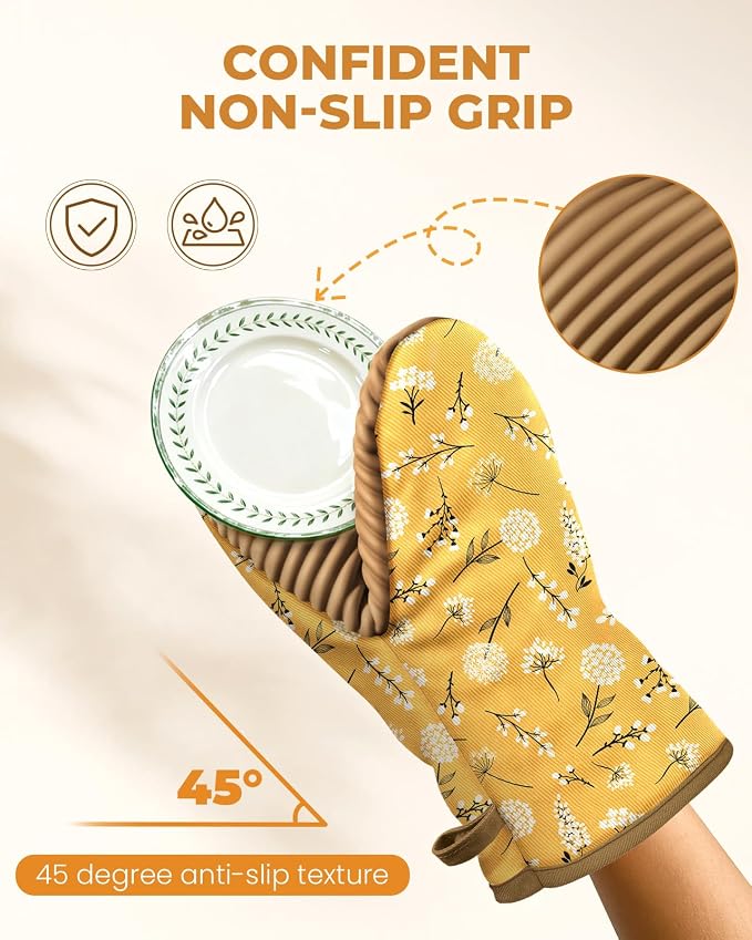 100% Thick Cotton Oven Mitts Ribbed Soft Silicone Yellow Flower | Aesthetic Oven Mitts for Women, Machine Washable Non-Slip Kitchen Mitts, Reversible for Both Hands, Stylish Kitchen Decor