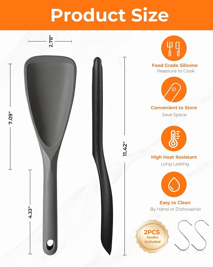 2-Pack Silicone Cooking Spoons & Spoonulas with S-Hooks | Heat resistant 446°F, BPA free for nonstick cookware, multifunction spatula spoon for mixing, scooping & serving