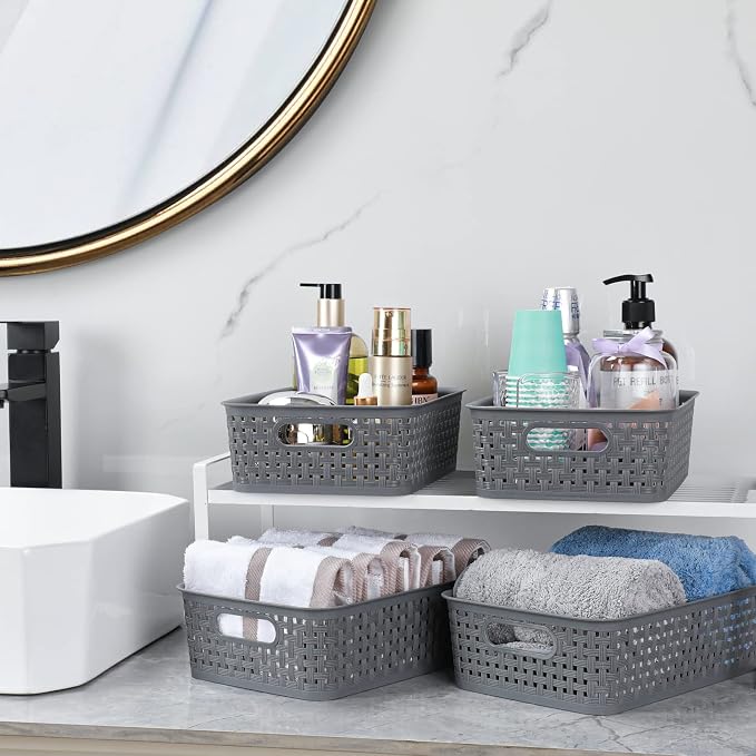 [ 12 Pack ] Plastic Storage Baskets - Small Pantry Organization and Storage Bins - Household Organizers for Laundry Room, Bathrooms, Bedrooms, Kitchens, Cabinets, Countertops, Under Sink or On Shelve
