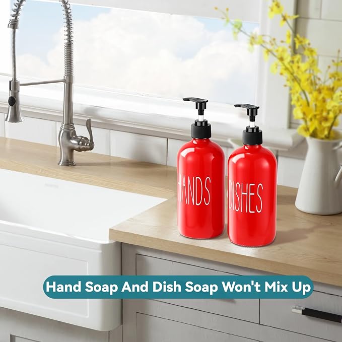 COHOSEGE Glass Soap Dispenser Set 2 Pack,16 Oz Dish Soap Dispenser for Kitchen Sink,Red Kitchen Accessories and Kitchen Decor,Red Decorations and Kitchen Utensils for Kitchen