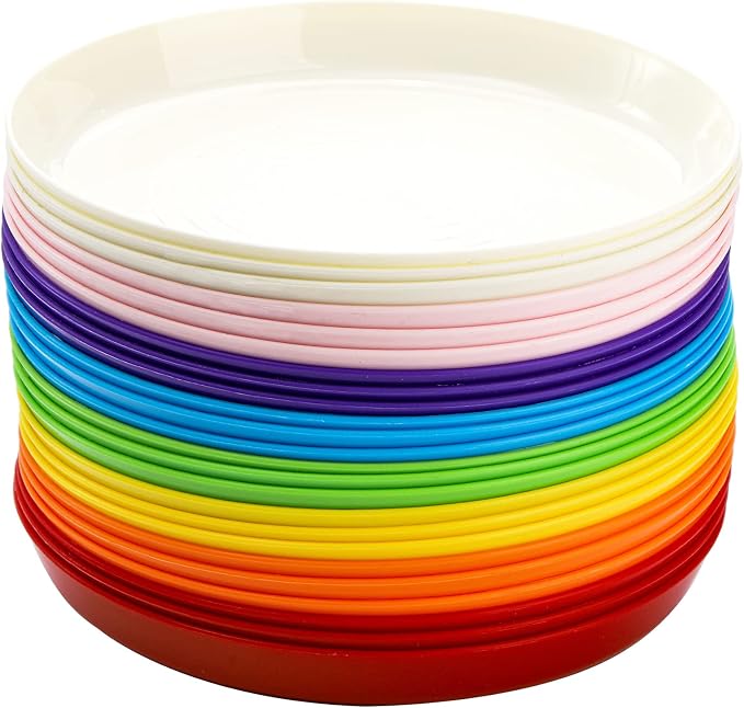 Frcctre 24 Pack Kids Plastic Plates, 7 Inch Small Unbreakable Children Dinner Plates Set BPA Free Reusable Snack Salad Plate for BBQ, Travel, Events, Dishwasher Safe, 8 Colors