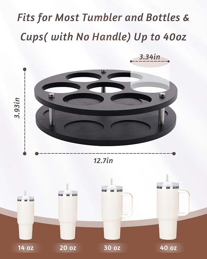 Rotating Wood Tumbler Organizer, 30 oz 40 oz Spinning Turnable Tumblers Holder, 360° Rotatable 7 Large Cups Bottle Tumbler Storage Display Stand, Rotate Syrup Organizer for Cabinet Countertop（Black）