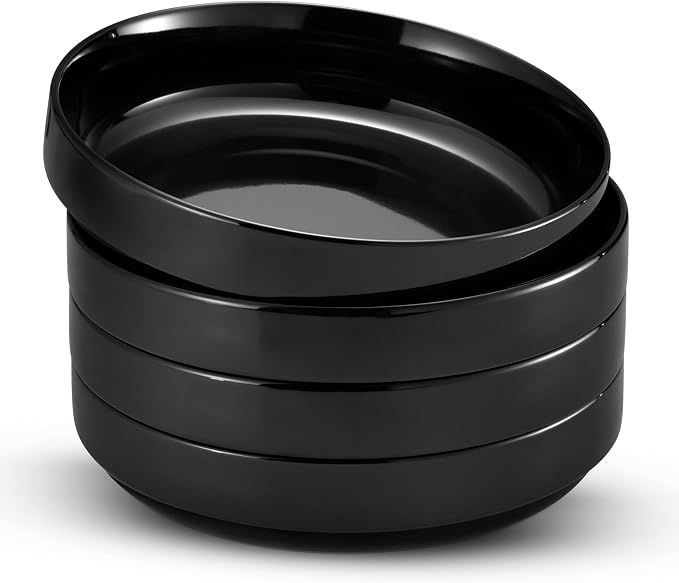 KooK Pasta Bowl, Bowl Plate, Low Bowl, Plate Bowls, Ceramic Large Shallow Bowls, Microwave and Dishwasher Safe, Great for Soups and Salads, Glossy Porcelain, 47 oz, Set of 4, Black