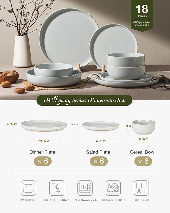Famiware Milkyway 18-Piece Stoneware Dinnerware Set, Light Gray | Plates and Bowls for 6, Dishes Set for Everyday & Formal Use, Microwave & Dishwasher Safe, Chip & Scratch Resistant