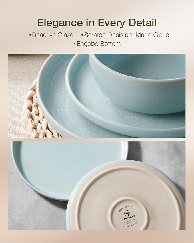 Famiware Milkyway 12-Piece Stoneware Dinnerware Set, Light Blue | Plates and Bowls for 4, Reactive Glaze Dish Set, Microwave & Dishwasher Safe, Chip & Scratch Resistant