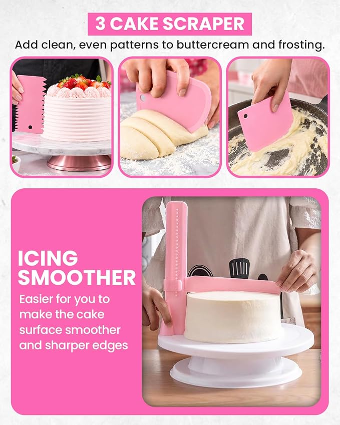 RFAQK 200PCs Cake Decorating Kit with Cake Turntable & Leveler, Baking Supplies Gift Includes 110+1 Piping Bags,55 Icing Tips,2 Frosting Spatulas, Adjustable Scraper, Video Tutorial, Booklet & more