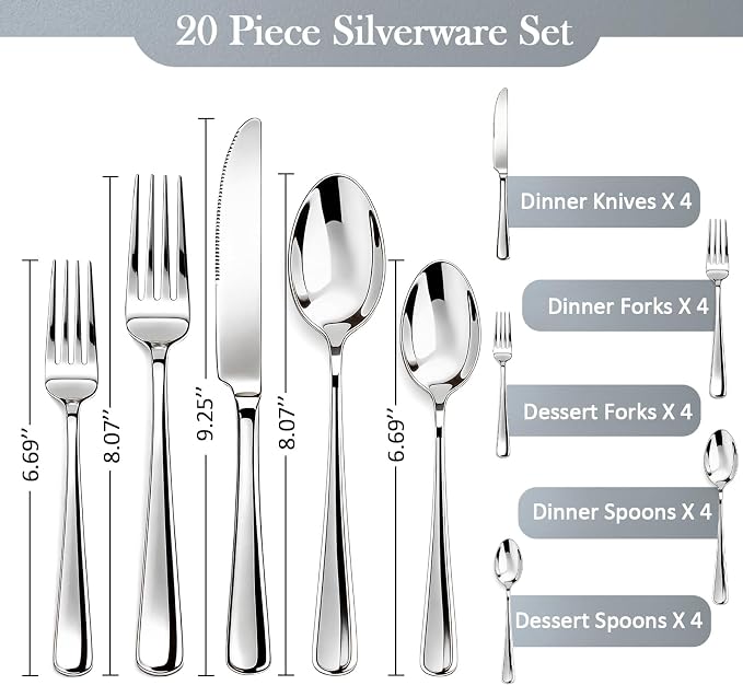 20 Piece Stainless Steel Flatware Set,Silverware Set for 4,include Forks,Knives,Spoons.Cutlery Utensil Set for Home,Kitchen,Party,Buffet,Banquet,Catering (Silver)