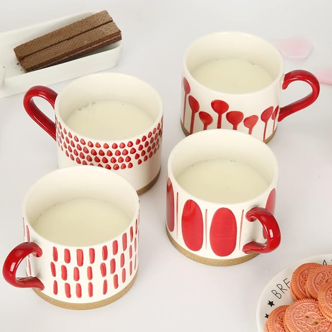 Koja Colorful Hand Painted Ceramic Mugs, 16 oz, Set of 4, Dishwasher Safe | Also microwave safe. Colorful hand painted set makes a great gift for coffee or tea lovers.