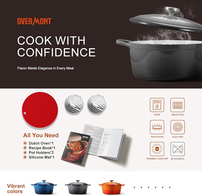 Overmont Enameled Cast Iron Dutch Oven - 5.5QT Pot with Lid Cookbook & Cotton Potholders - Heavy-Duty Cookware for Braising, Stews, Roasting, Sourdough Baking Grey