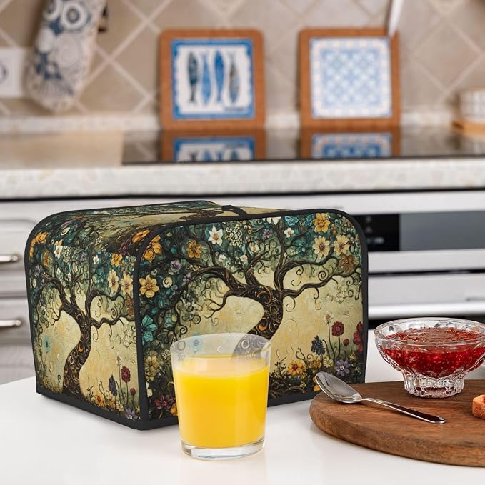 4 Slice Toaster Cover Whimsical Tree Flower Dust Proof Washable Kitchen Appliance Cover with Pocket, Oxford Fabric Countertop Toaster Protector for Standard Toasters Small Appliances