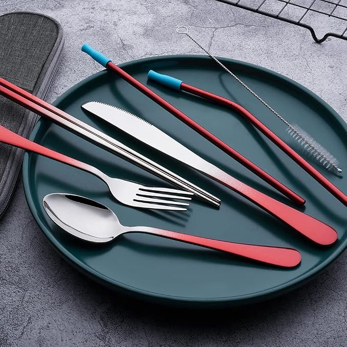 Travel Utensils Set with Case Reusable Portable Cutlery Set Stainless Steel 8pcs Including Dinner Knife Fork Spoon Chopsticks straws (Gradient Red) | Dishwasher Including Dinner Knife Fork Spoon Chopsticks Straws Travel Fork Spoon Knife for Work, Campi...