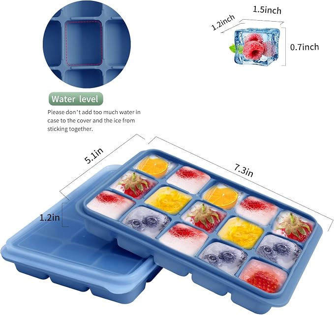 Tvmania Ice Cube Trays Set of 2, 15-Cube Silicone Molds with Removable Lids | Stackable, easy release, BPA-free, reusable, for freezer and whiskey