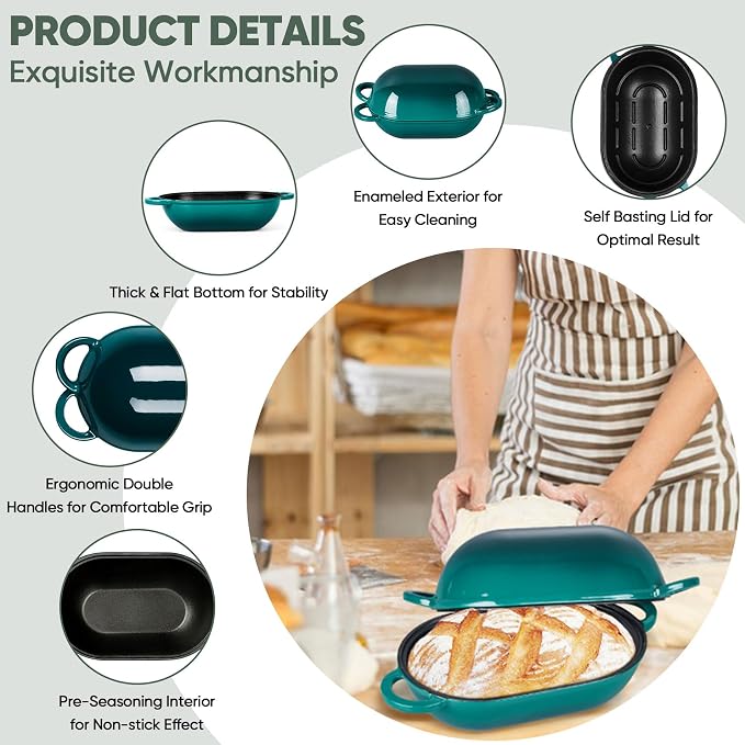 TeamFar Enameled Cast Iron Bread Loaf Pan, 2 QT Oval Dutch Oven with Lid | for Sourdough Bread Baking, Enameled Meatloaf Loaf Baking Pan with Lid, Even Heat Distribution & Self-Basting, Basil Green