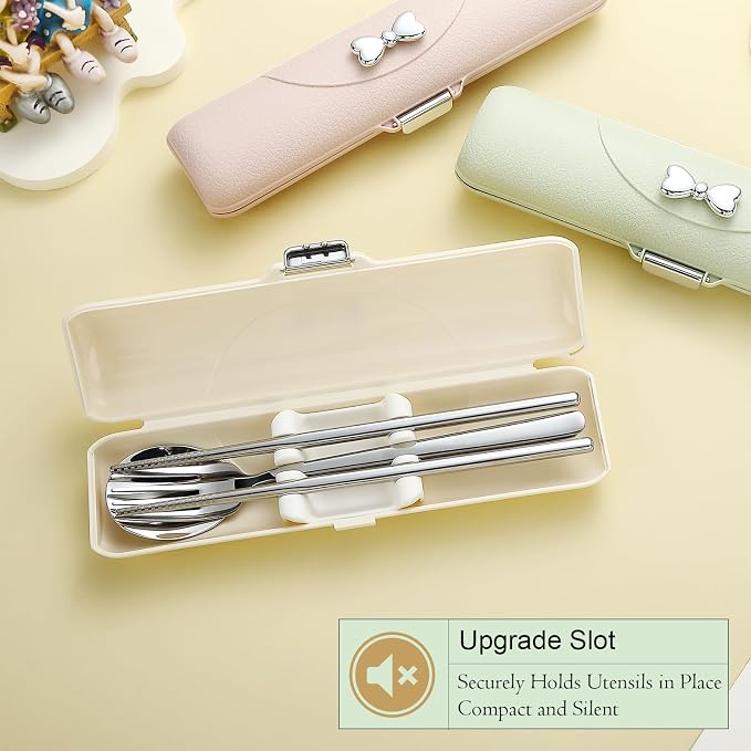 DEVICO Travel Silverware Set with Case,Portable Lunch Utensils Set for Work | 4Pcs 18/8 Stainless Steel Travel Cutlery Set, Fork and Spoon Set for Camping/School/Lunch Box, Dishwasher Safe, Light Yellow