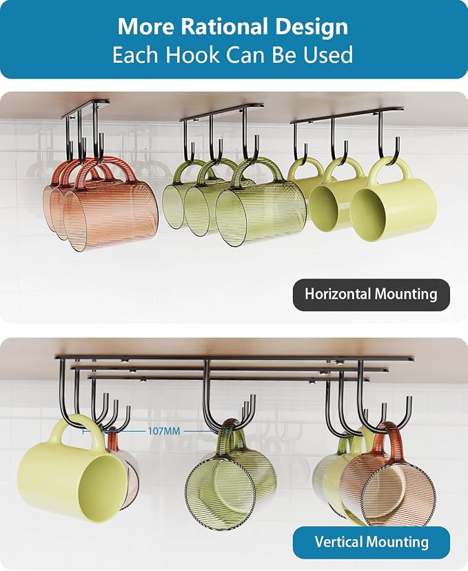 3 Pack Mug Hooks Under Cabinet with 9 Hooks for Displaying Mugs, Black | Coffee Mug Holder for Hanging Under Shelf, Cup Hanger, Coffee Cups and Kitchen Utensils