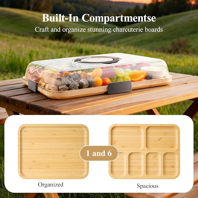 Portable Bamboo Charcuterie Board with Lid, 1 Compartment | Includes Knife Set, Plates, Forks & Handle, Travel Serving Tray Platter for Cheese, Meat, Fruit, Housewarming Gift for Women