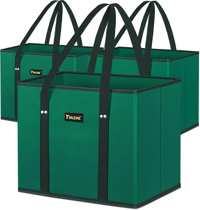 BALEINE 3PK Reusable Grocery Bags, Heavy Duty Shopping Tote Bag | 12'' Long Handles, Reinforced Bottom Keeps Upright, Fold Flat Storage, Water-Resistant Shopping Bag, Multiple Color Options
