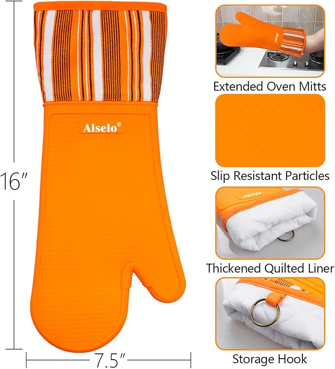 Alselo Silicone Oven Mitts Set, Heat Resistant 550 Degree,7.5"x16" | Extra Long Kitchen Mittens,Waterproof & Non-Silp Oven gloves for Baking Cooking Barbecue Microwave (Extre long Orange, 2)