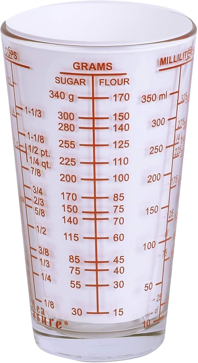 Kolder Mix N Measure Glass, Multi-Purpose Liquid and Dry Measuring Cup, 6 Units of Measurement, Heavy Glass, Red