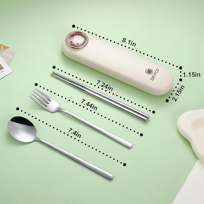 DEVICO Travel Utensils with Case Cute, Reusable Silverware for Lunch, 4Pcs Portable Cutlery Set, 18/8 Stainless Steel Fork Spoon Chopsticks in Cartoon Case, Dishwasher Safe (Light Yellow)