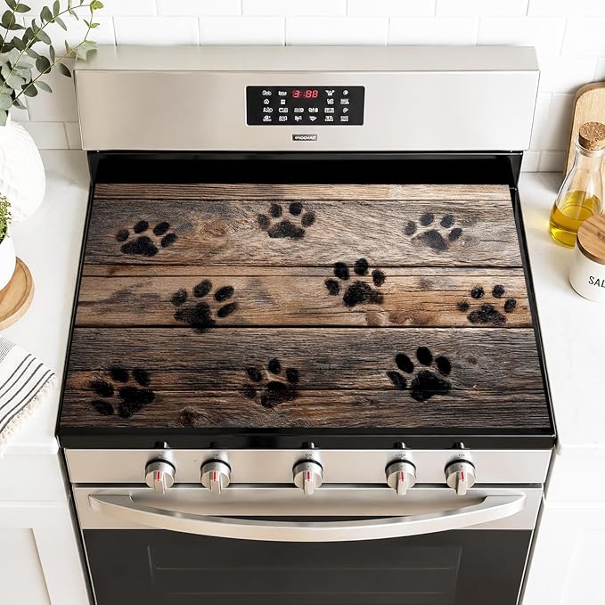 Paw Print Stove Top Cover 28x20 Inch Decorative Electric Stove Cover | Heat Resistant Cooktop Protector Mat with Non-Slip Backing, Scratch Protection and Countertop Drying Mat.