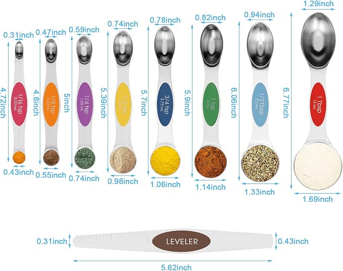 Aovchei 9 PCS MultiColor Magnetic Measuring Spoons Set | Dual Sided, Stainless Steel Small Tablespoon, Teaspoons, Fits in Spice Jars, for Dry and Liquid