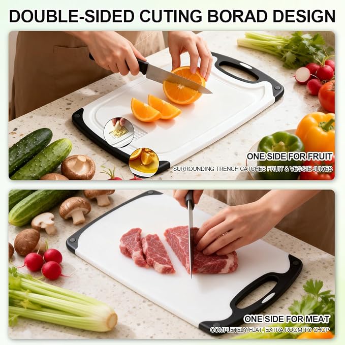 Viretang Dishwasher Safe Cutting Board for Kitchen, 3 Pieces, Grinding Area | Plastic Cutting Boards with Juice Grooves, Easy Grip Handle, Non-Slip, Non BPA, White(15.6x9.4/12.4x7.8/9.6x5.7 inch)
