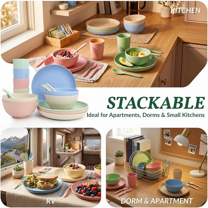 Wheat Straw Dinnerware Sets 20 PCS Cups and Plates Sets for Kitchen Microwave and Dishwasher Safe Plate Set Unbreakable Camping Dish Set Kids Plates and Bowls Sets for Picnic, RV (Multilight)