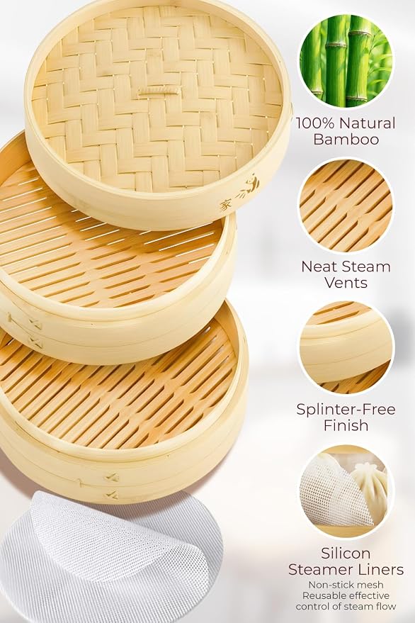 Bamboo Steamer Basket - Cook Delicious Meals with Authentic Flavor at Home | 10 Inch, 2 Tiers + 50 Liners, Chopsticks and Sauce Dish - Steam Family Portions of Bao, Dumplings and Vegetables at Once