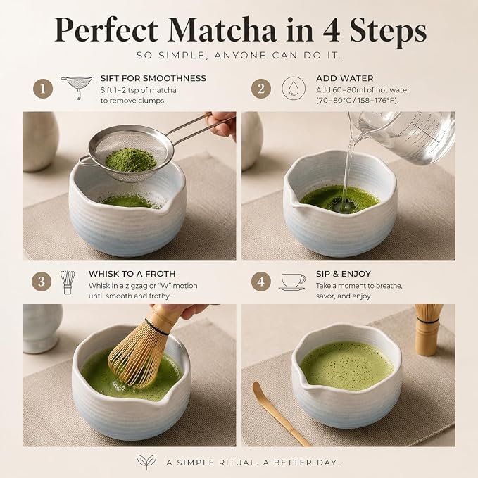 BARISTA EMPEROR® PREMIUM 8pcs MATCHA WHISK SET - Professional Matcha Kit Set with Matcha Bowl, Matcha Whisk, Matcha Glass, Glass Straw, Storage Container, Sifter, Scoop - Aesthetic Matcha Set Kit