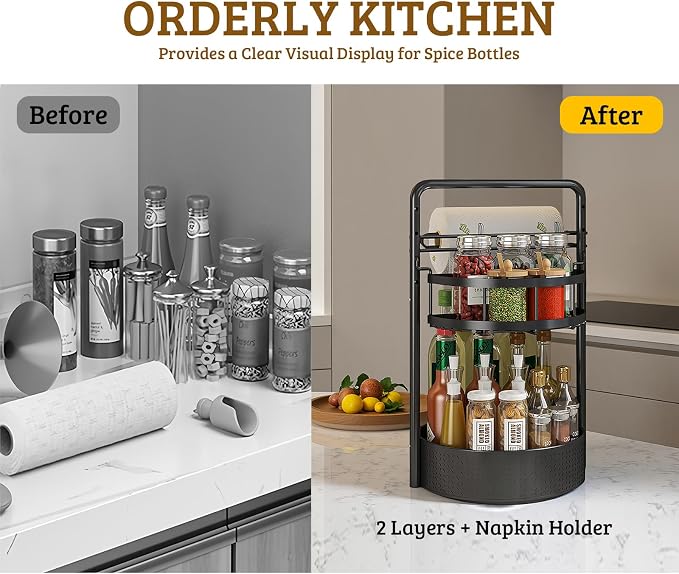 Rotating Spice Rack with Paper Towel Holder, Black | 2 Tier Turntable Lazy Susan, Durable Iron, Seasoning Organizer, For Kitchen Countertop