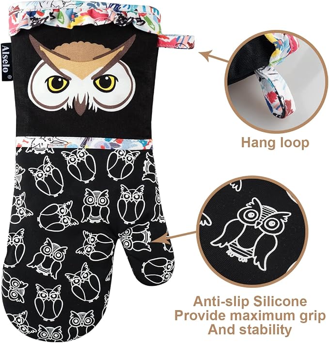 Alselo Oven Mitts, 7"x13.5", 1 Pair | Silicone, Printed, Kitchen Mittens