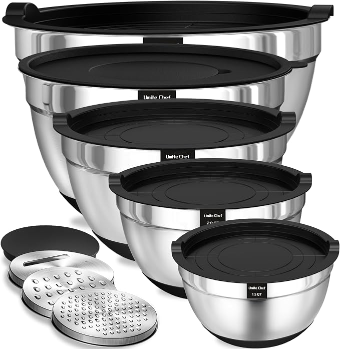 Umite Chef Mixing Bowls with Airtight Lids Set, 8PCS Stainless Steel Nesting Bowls Set, 3 Grater Attachments & Non-Slip Bottoms, Size 5, 4, 3.5, 2, 1.5QT for Baking & Mixing(Black)