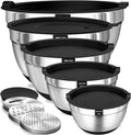 Umite Chef Mixing Bowls with Airtight Lids Set, 8PCS Stainless Steel Nesting Bowls Set, 3 Grater Attachments & Non-Slip Bottoms, Size 5, 4, 3.5, 2, 1.5QT for Baking & Mixing(Black)