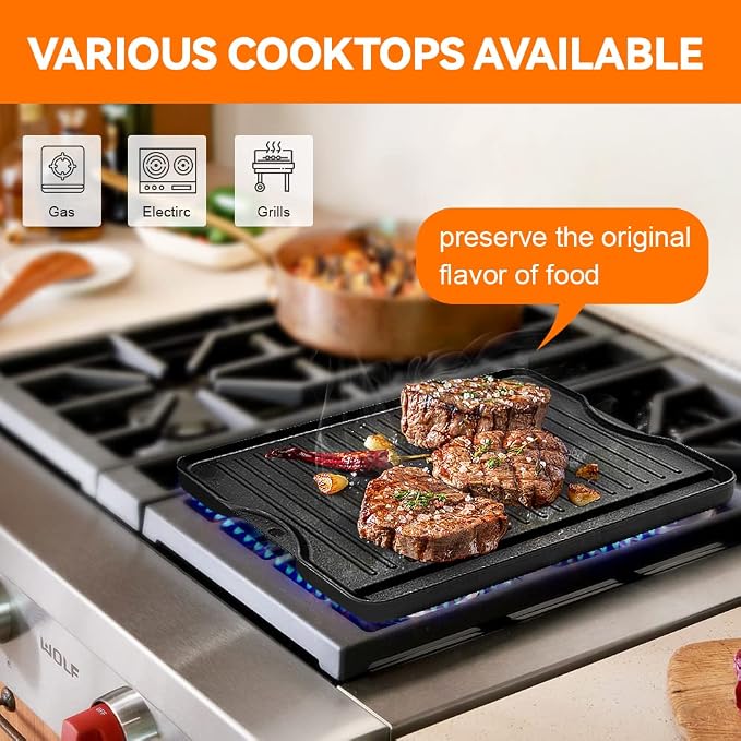 GGC Reversible Cast Iron Grill Griddle for All Camp Chef 14" and 16" Stoves, Double Side Griddle for Camp Chef Explorer 2-Burner, 3-Burner, Single Burner Stove, Cooking Surface 14" x 16"
