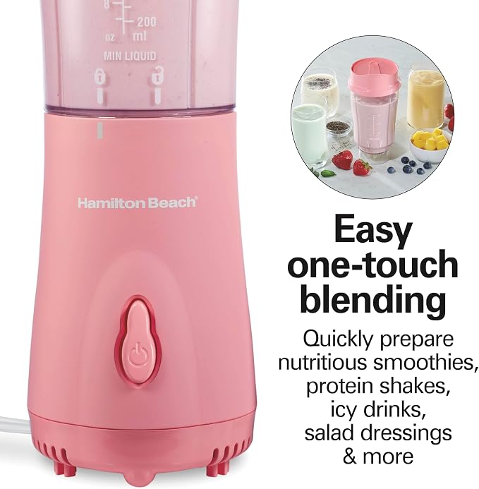 Hamilton Beach Portable Blender for Smoothies With 14 oz. Travel Jar | BPA Free Jar & Lid | Durable Stainless Steel Blades | 300 Watts Peak Power | Personal Smoothie Blender | Coral | 51171G