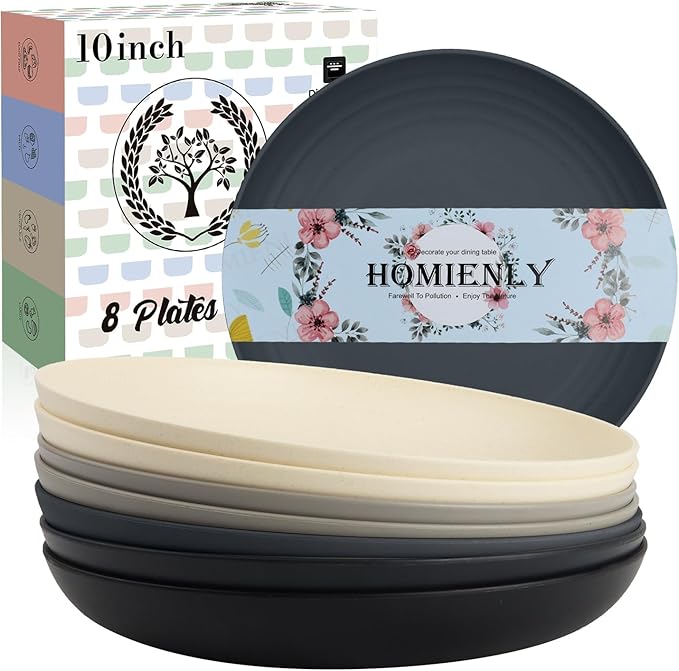 Premium Wheat Straw Dinner Plates, Reusable 8 PCS Unbreakable Plates 10 inch Plate Set, Alternative Plastic Plate Microwave and Dishwasher Safe Plates Set for Home - GreyStone
